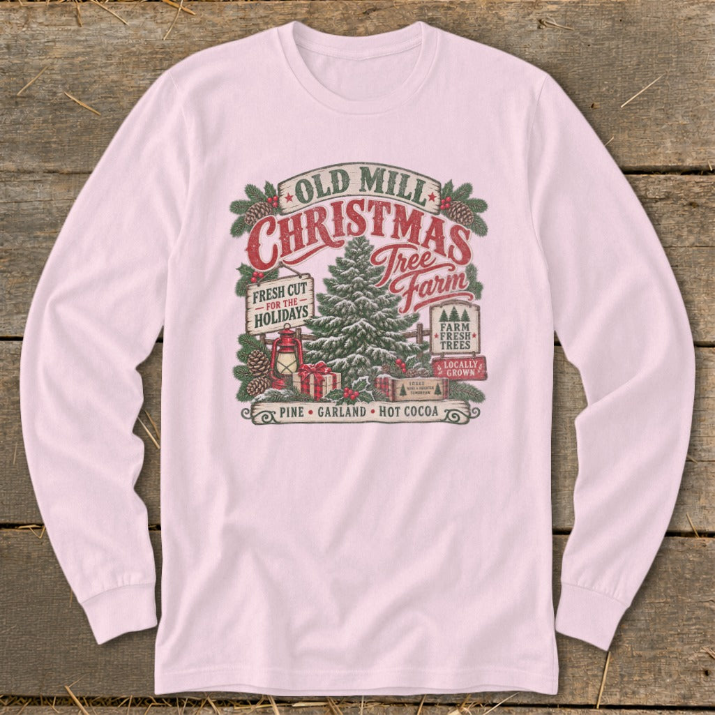 Old Mill Christmas Tree Farm graphic with pine, gifts, and lantern.