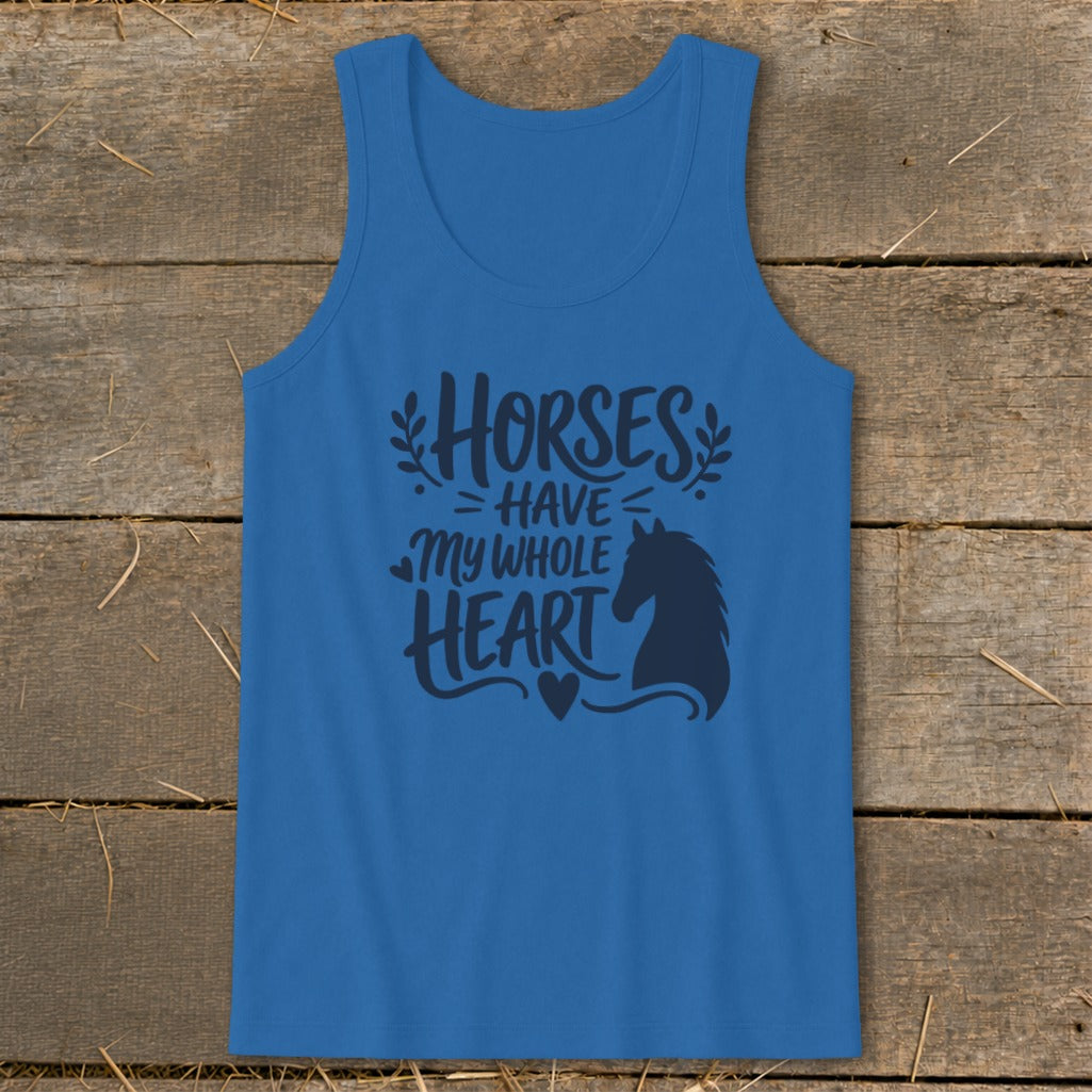 Blue tank top with "Horses Have My Whole Heart" text and horse silhouette.