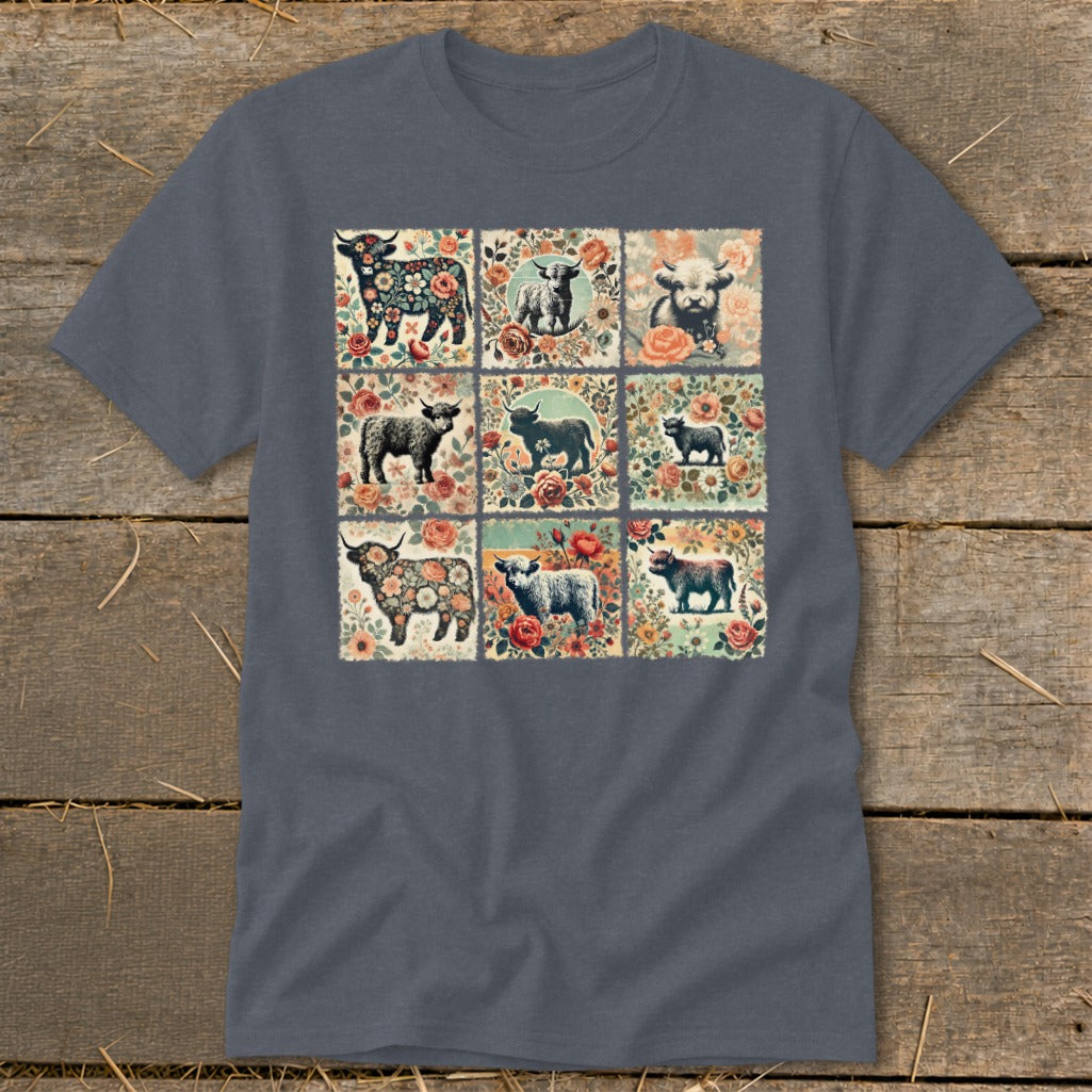 Nine square panels with highland cattle and floral designs on a grey t-shirt.