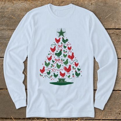 White long-sleeved shirt with a Christmas tree made of red and green chickens.