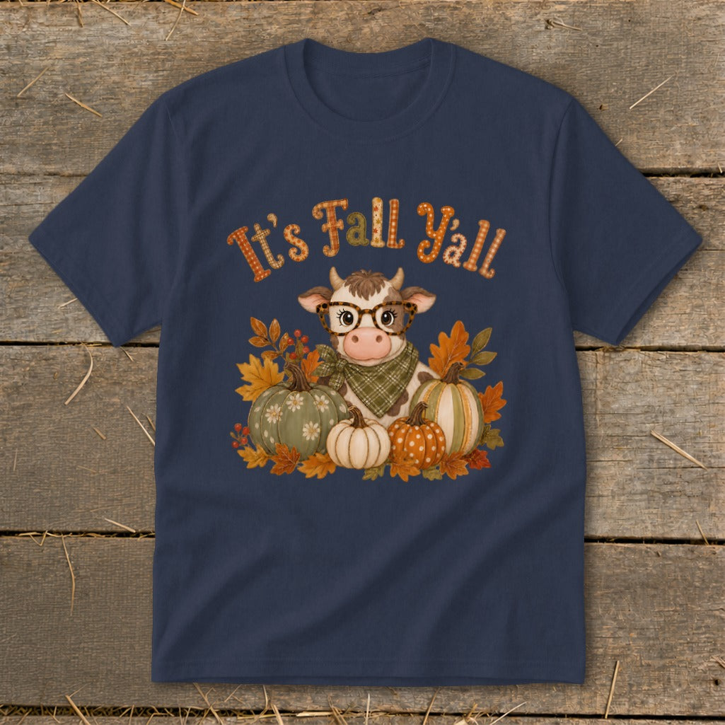 Navy t-shirt with a cow, pumpkins, leaves, and "It's Fall Y'all" text.