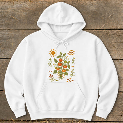 White hoodie with a whimsical tomato vine illustration and sun graphic.