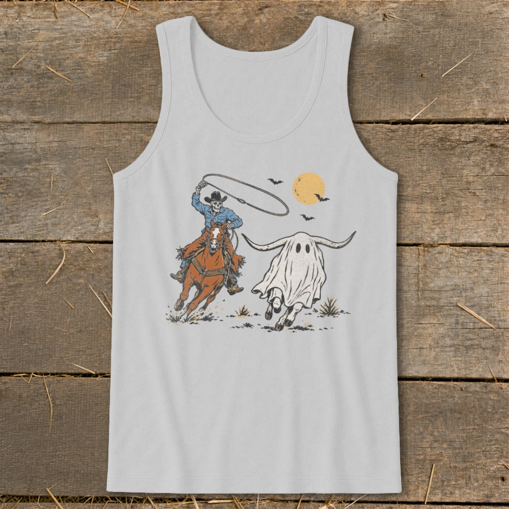 Skeleton cowboy on horseback lassoing a ghost longhorn with bats and moon.
