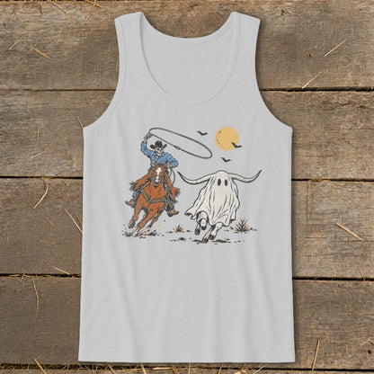 Skeleton cowboy on horseback lassoing a ghost longhorn with bats and moon.