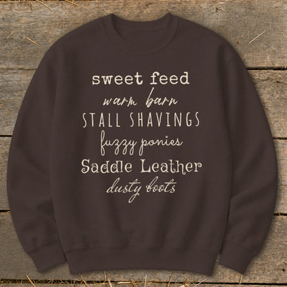 Brown sweatshirt with text listing "sweet feed, warm barn, stall shavings, fuzzy ponies, saddle leather, dusty boots".