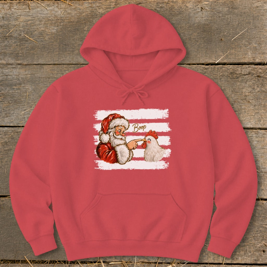 Santa booping a chicken with the word "Boop" on a coral hoodie.