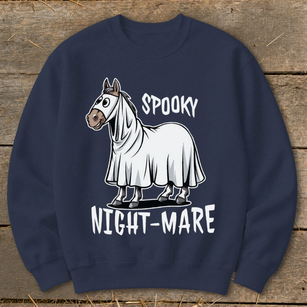 Dark navy sweatshirt with a horse dressed as a ghost and the words "Spooky Night-mare".