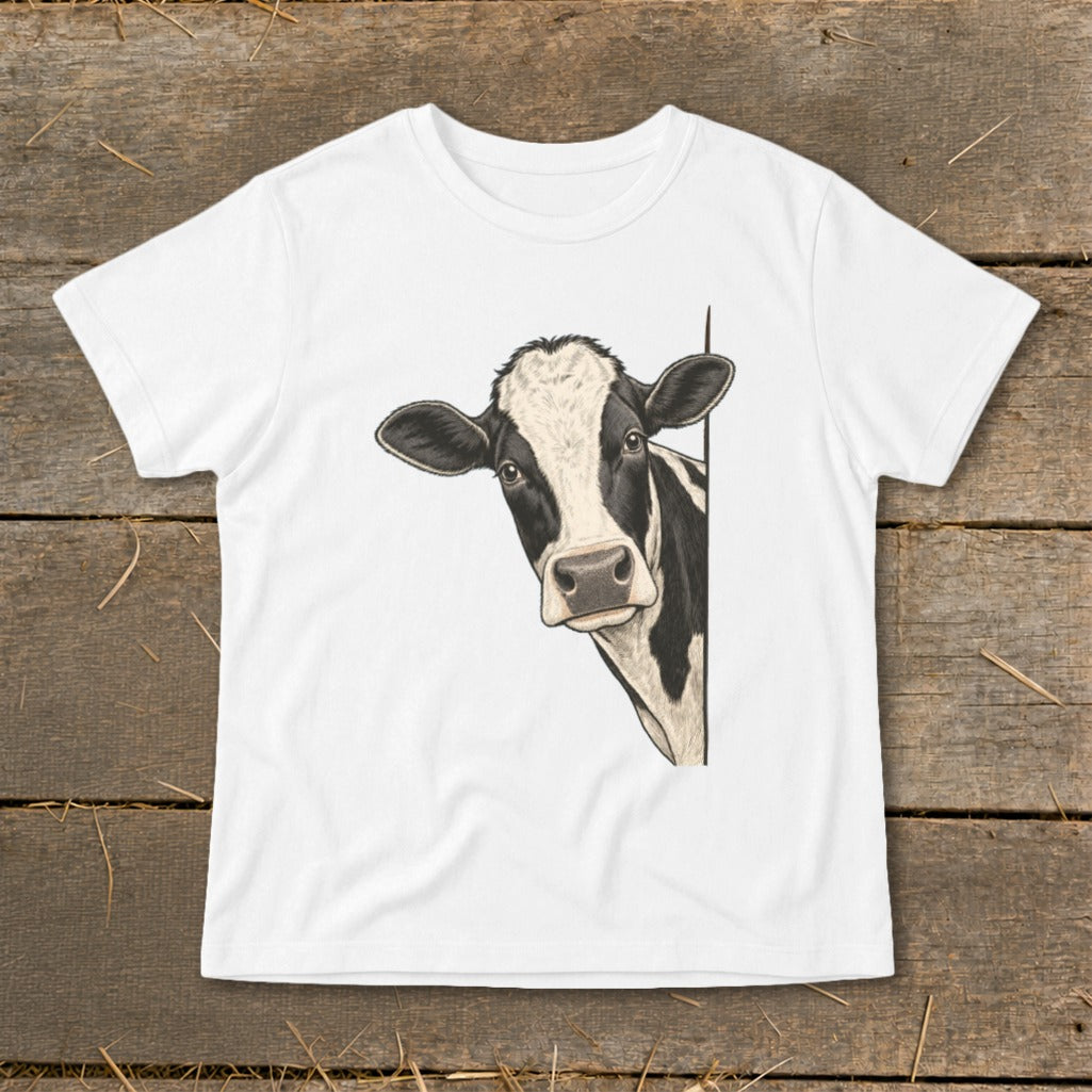 White t-shirt with a black and white cow peeking from the side.