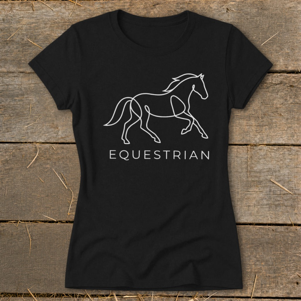 Black t-shirt with white line art of a running horse and the word EQUESTRIAN.