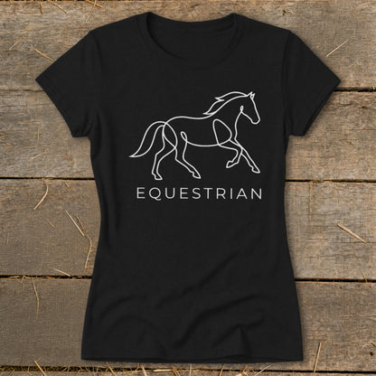 Black t-shirt with white line art of a running horse and the word EQUESTRIAN.