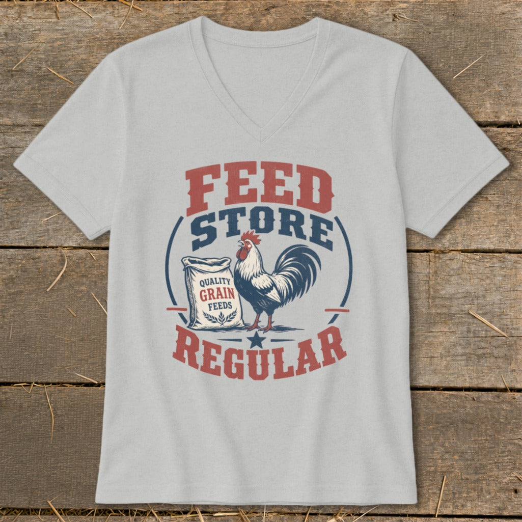 "Feed Store Regular" graphic with rooster and grain bag on light grey t-shirt.