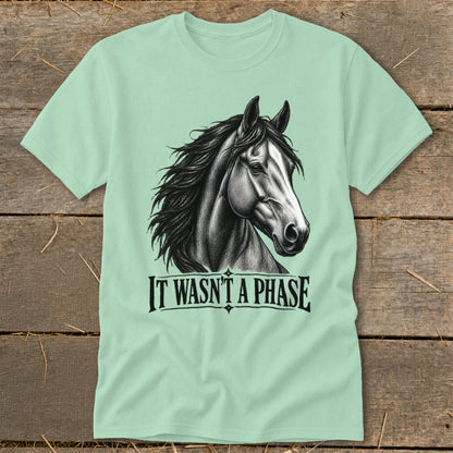 Light green t-shirt with a drawing of a horse head and the text "IT WASN'T A PHASE."