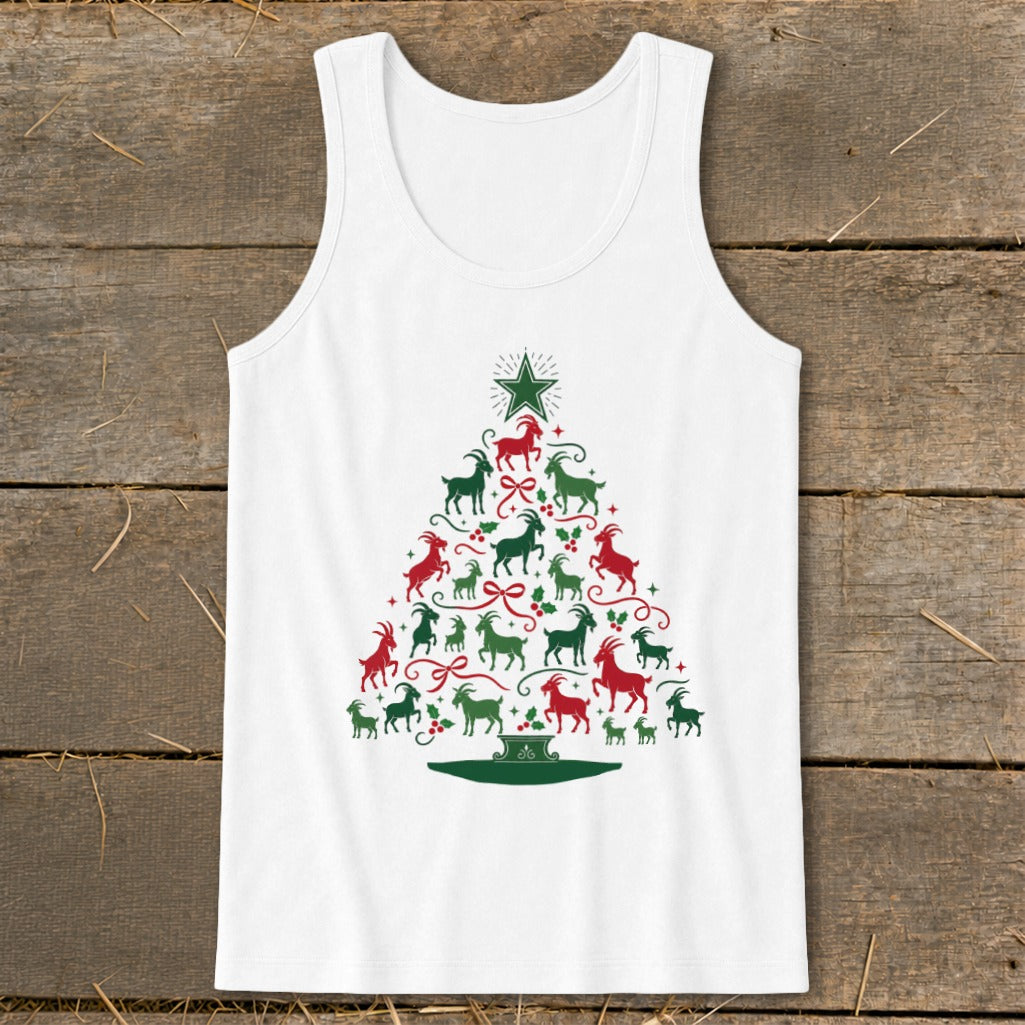 White tank top with a Christmas tree made of red and green goats.