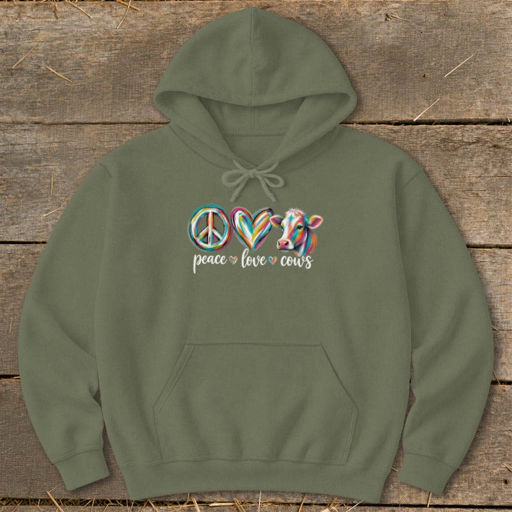 Olive green hoodie with peace, heart, and cow graphic and text.