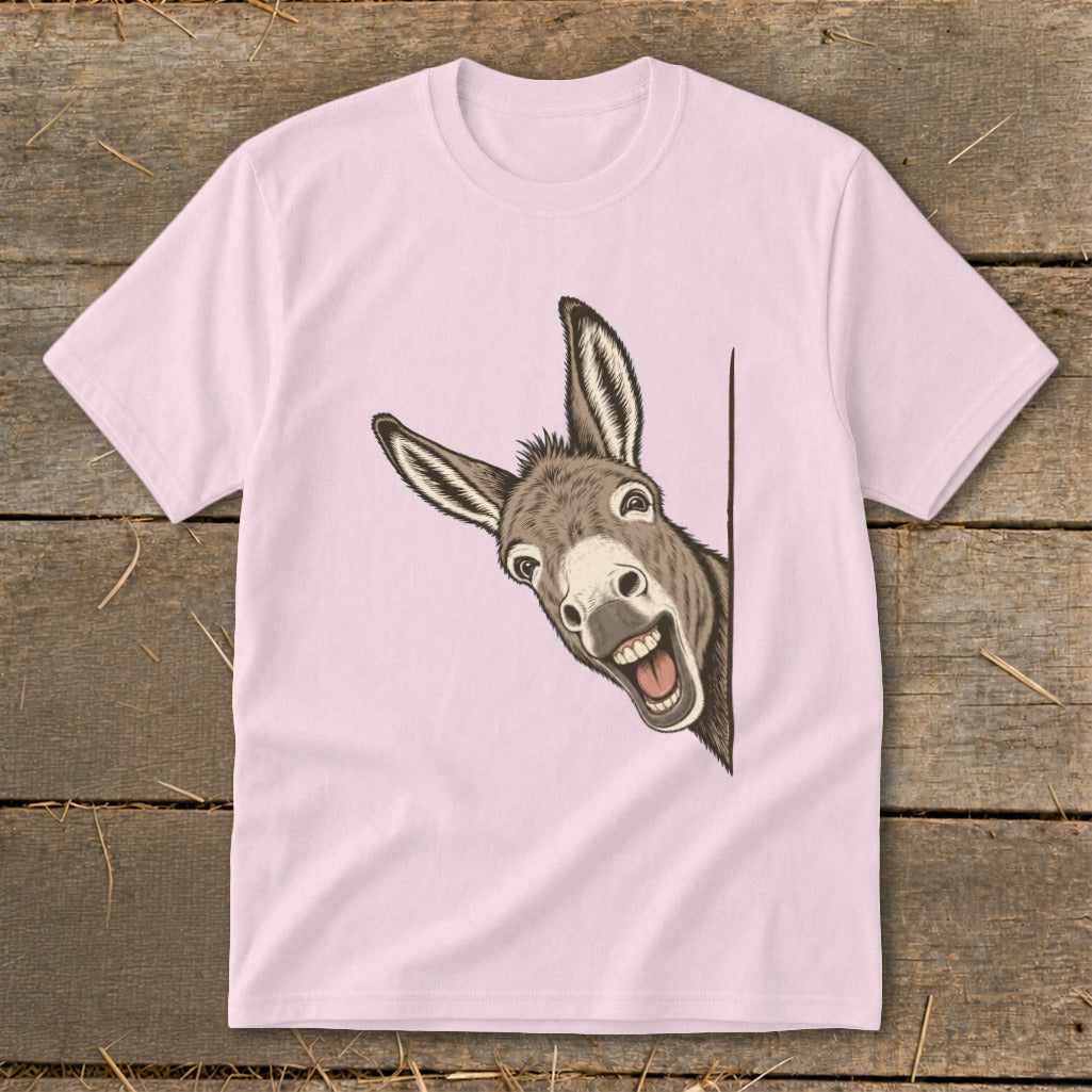 Pink t-shirt with a cartoon donkey peeking from the side.