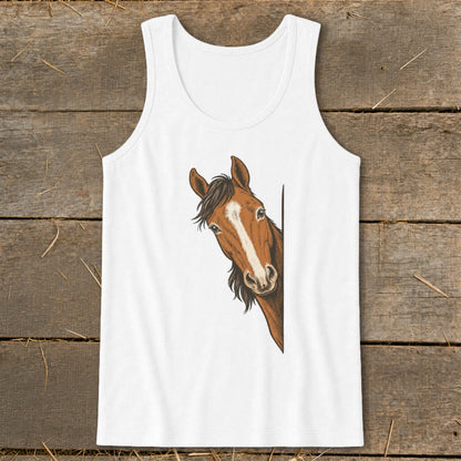 White tank top with a drawing of a brown horse peeking from the side.