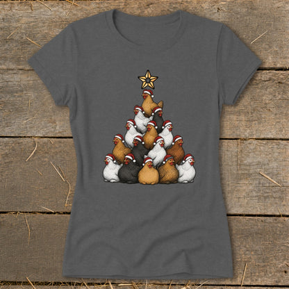 Christmas tree formation of chickens wearing Santa hats, topped with a star.