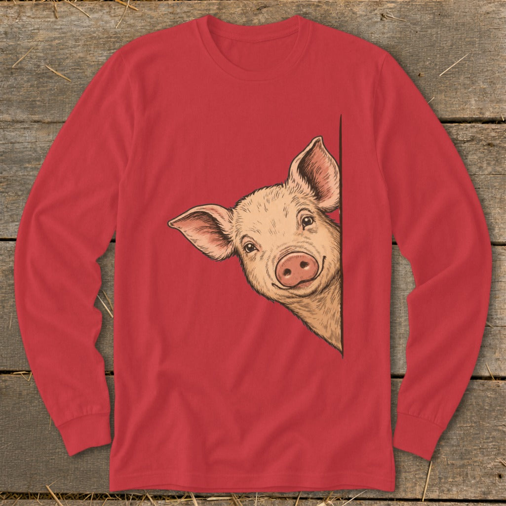 Red long-sleeve shirt with a drawing of a curious pig peeking from the side.