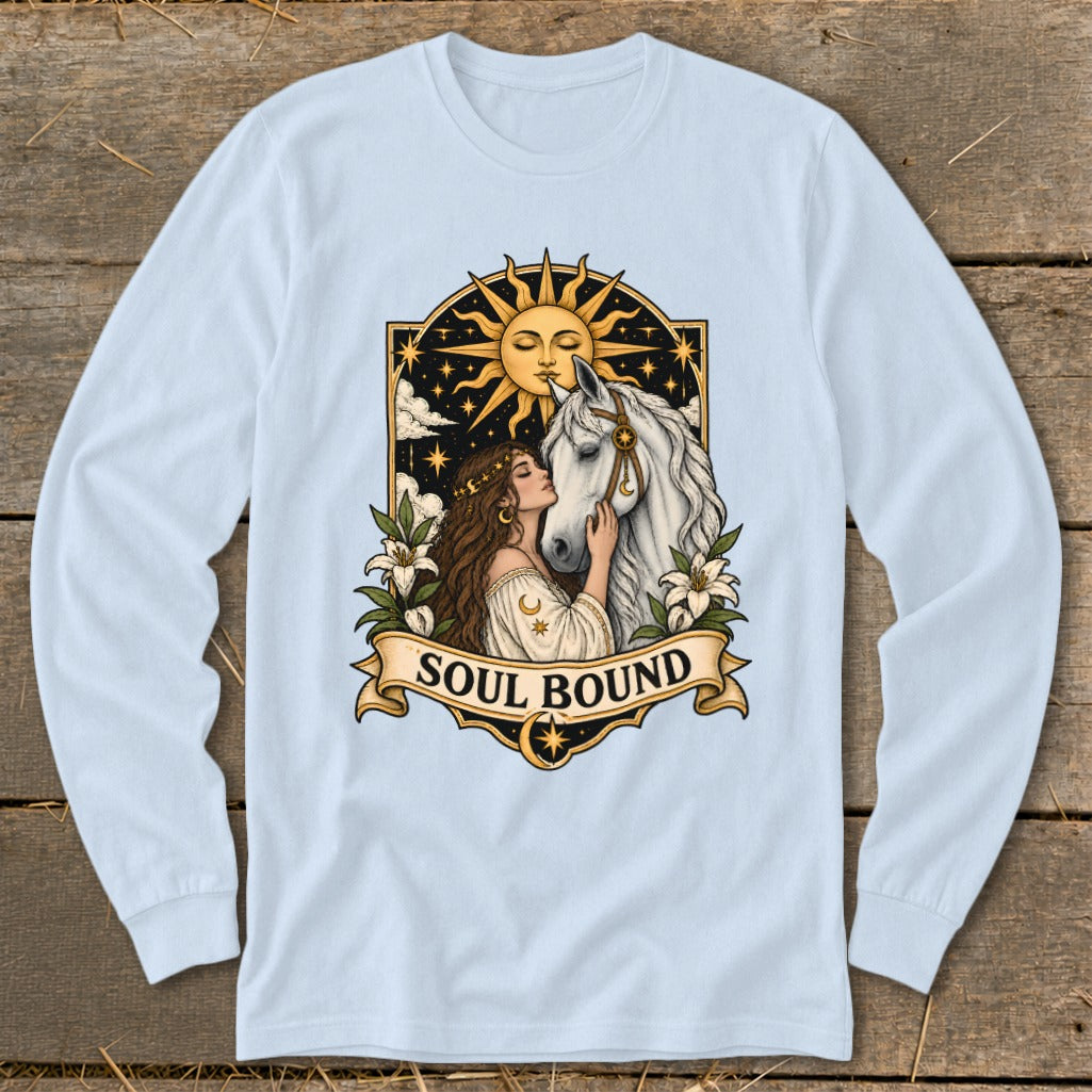 Illustration of woman embracing a white horse with sun and stars, text "SOUL BOUND" banner.