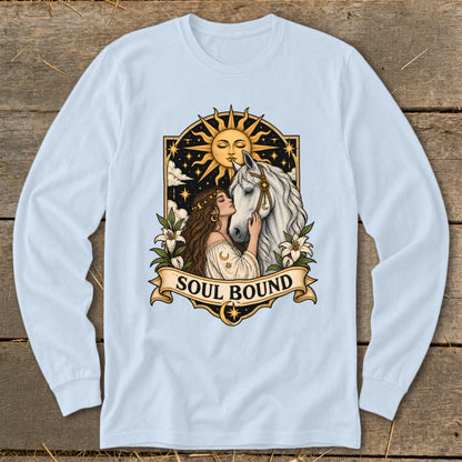 Illustration of woman embracing a white horse with sun and stars, text "SOUL BOUND" banner.