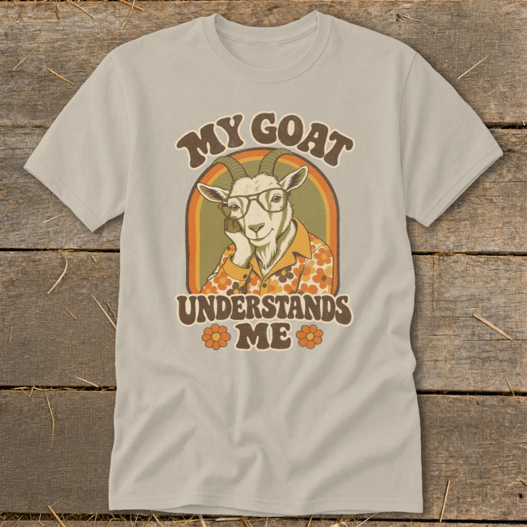 Goat wearing glasses and floral shirt, text "MY GOAT UNDERSTANDS ME".