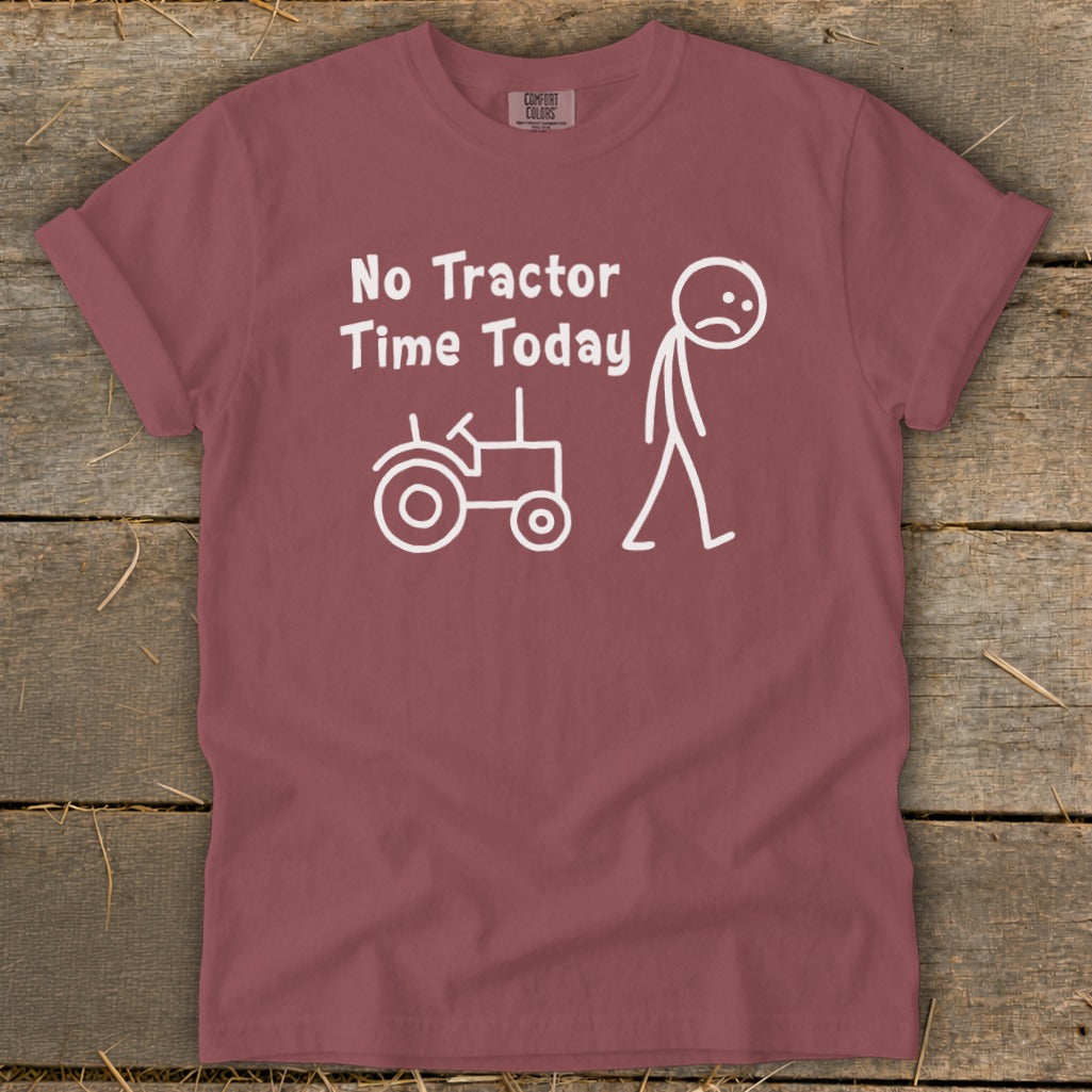 Maroon t-shirt with white text and stick figure drawing of a sad person and tractor.