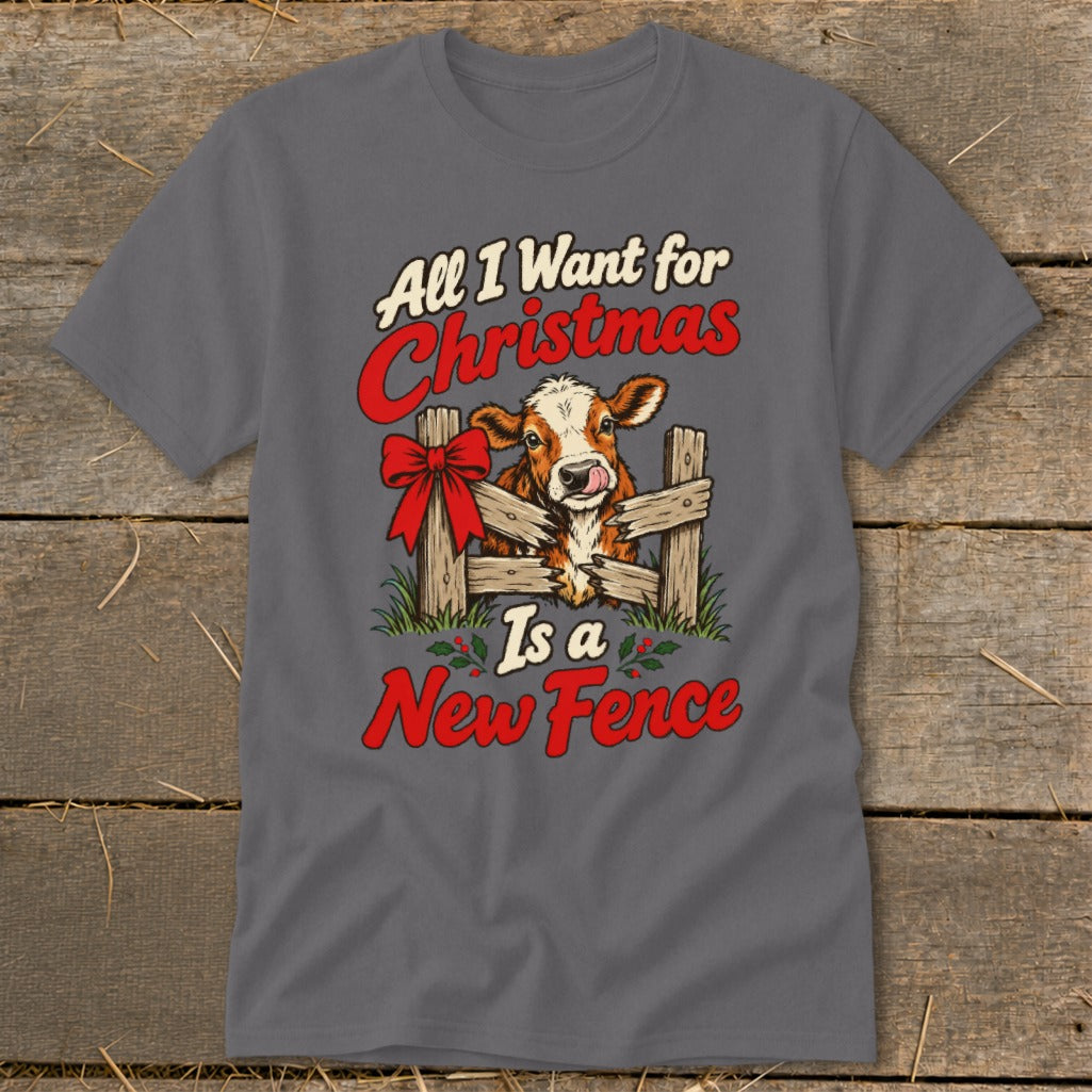 Cow behind fence, "All I Want for Christmas Is a New Fence" text.
