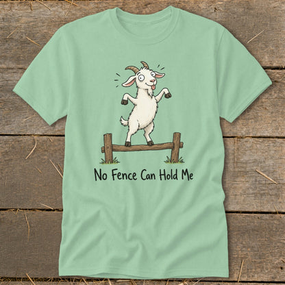 Mint green t-shirt with cartoon goat jumping over a fence, text reads "No Fence Can Hold Me".