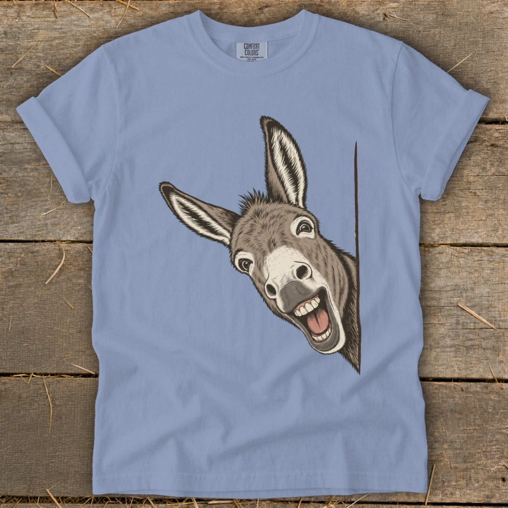 Light blue t-shirt with a cartoon donkey peeking from the side.