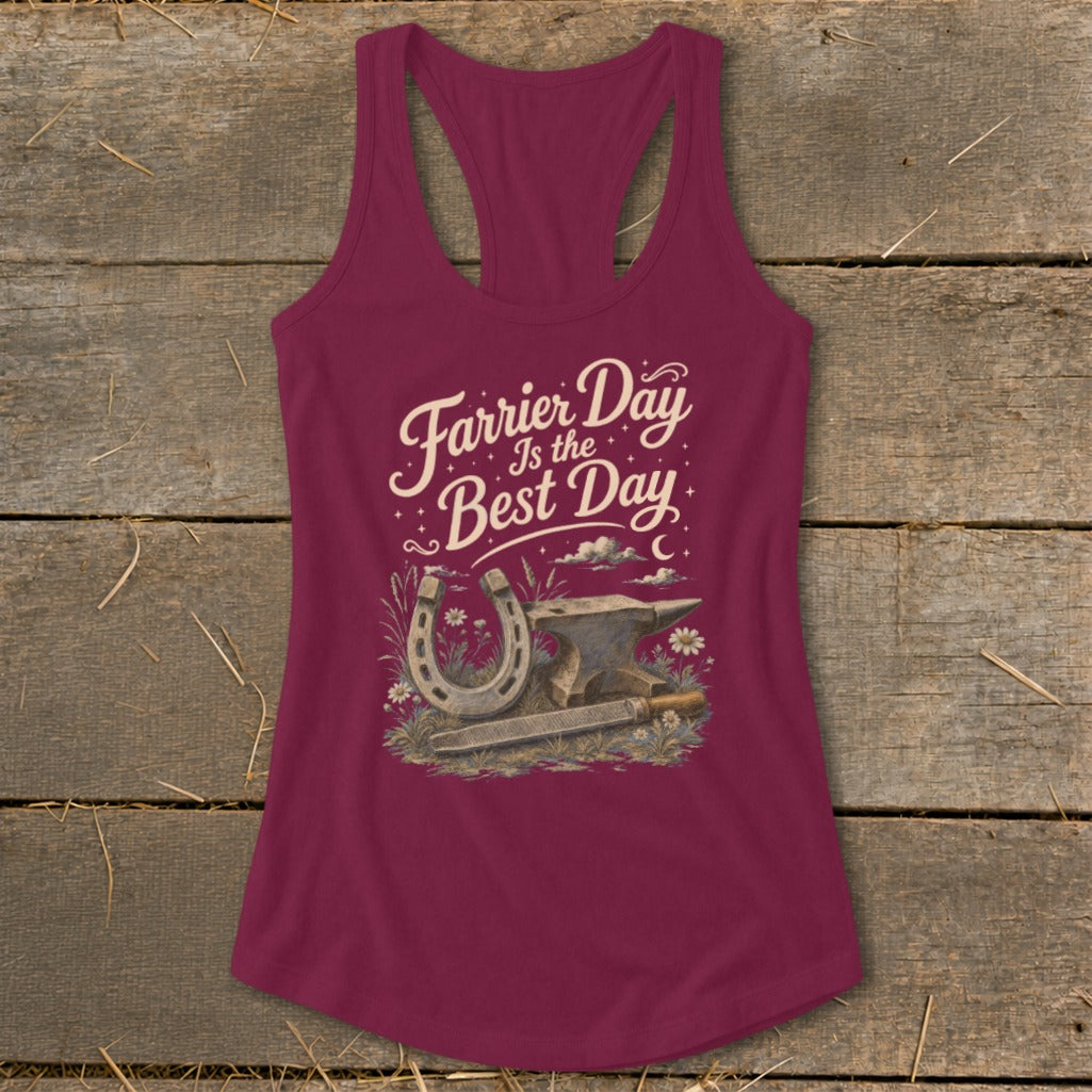 Burgundy tank top with horseshoe, anvil, file, and text "Farrier Day Is the Best Day".