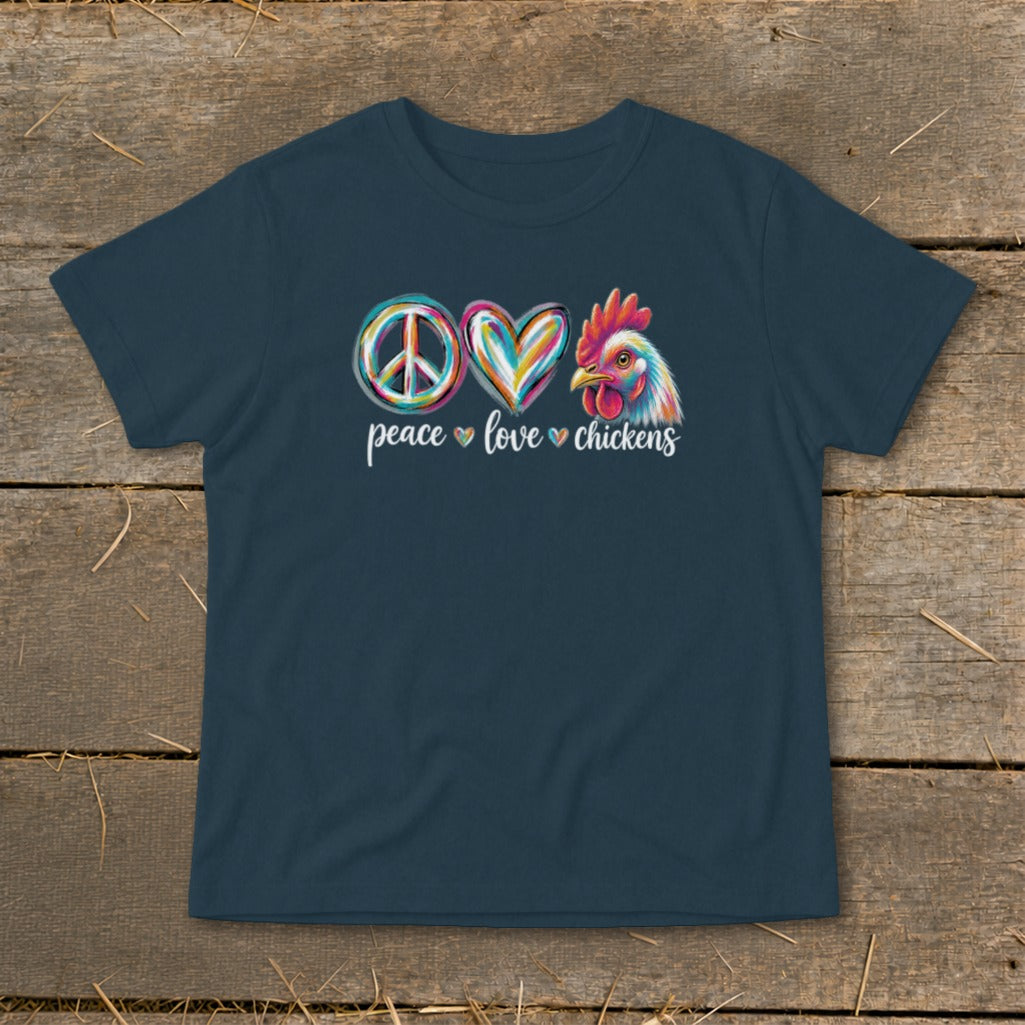 Dark blue t-shirt with "Peace Love Chickens" graphic and colorful chicken head.