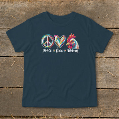 Dark blue t-shirt with "Peace Love Chickens" graphic and colorful chicken head.