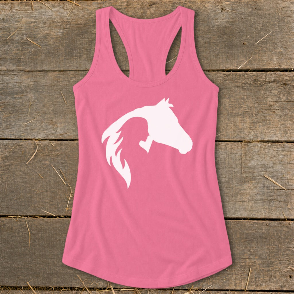 Pink tank top with a white silhouette of a girl and horse head.