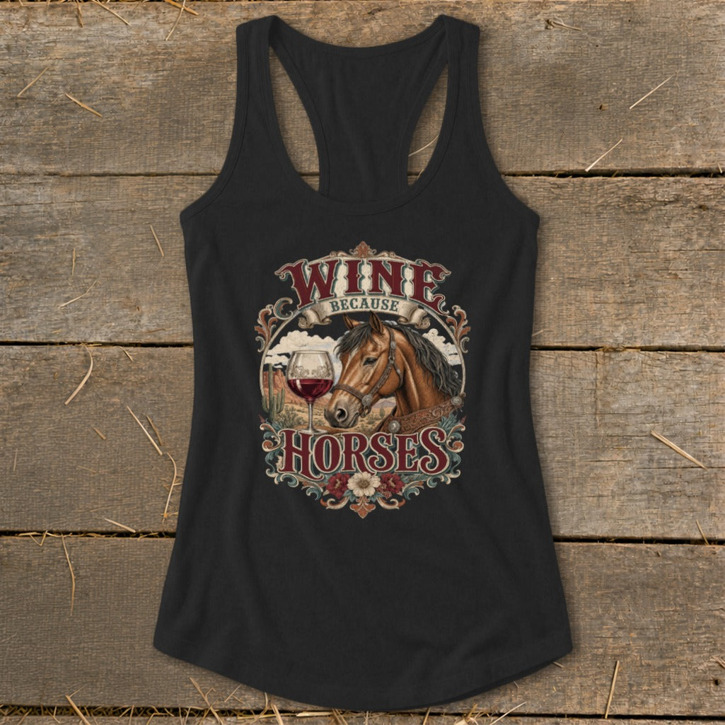 Black tank top with "Wine Because Horses" text and horse graphic.