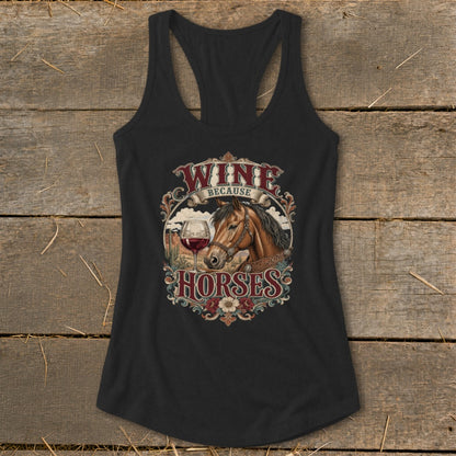 Black tank top with "Wine Because Horses" text and horse graphic.