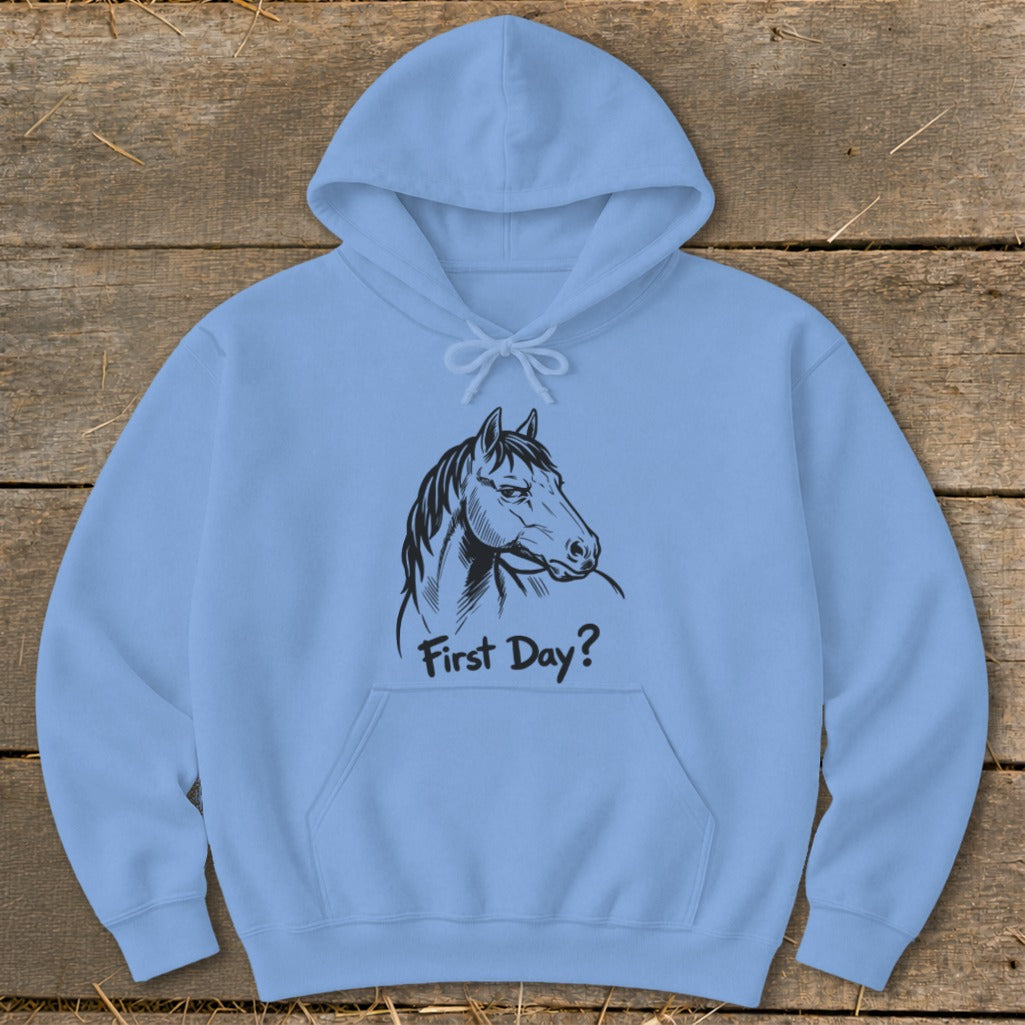 Light blue hoodie with a black line drawing of a horse's head and "First Day?" text.