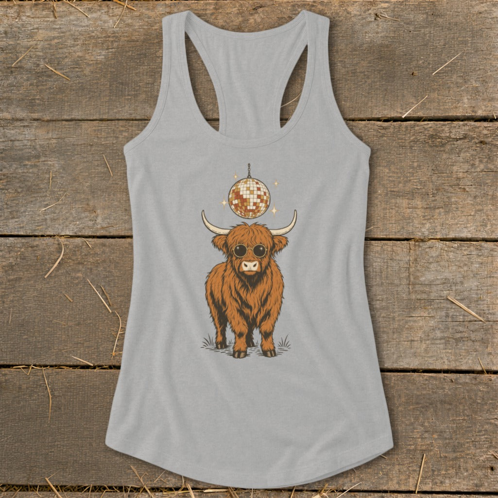 Grey tank top with a Highland cow wearing sunglasses under a disco ball.
