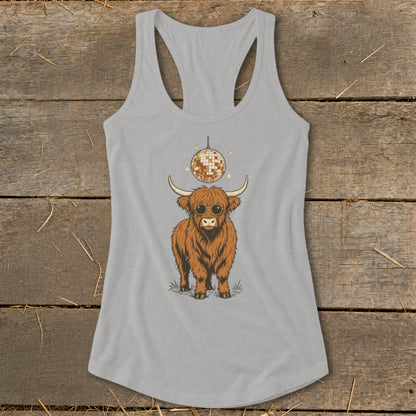 Grey tank top with a Highland cow wearing sunglasses under a disco ball.