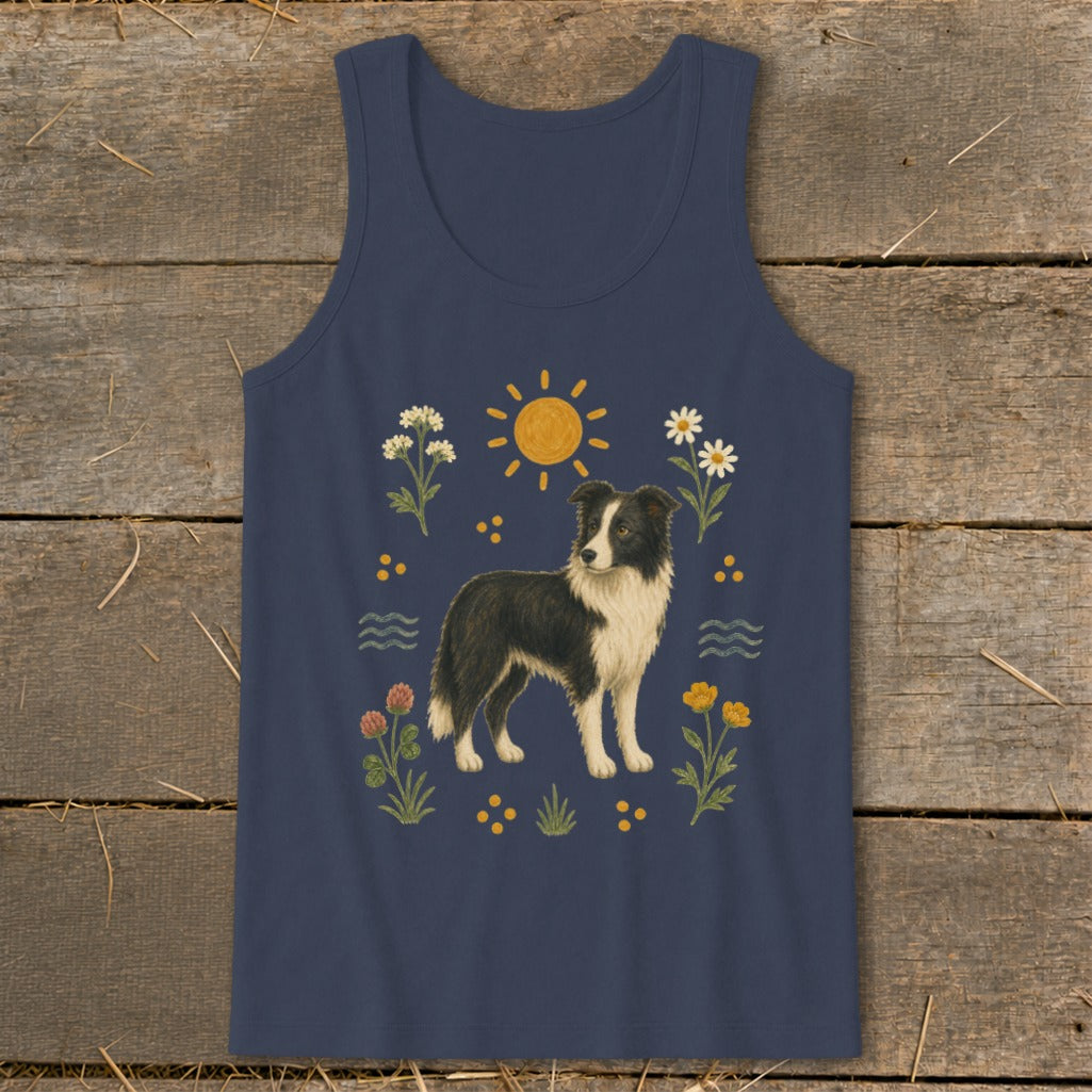Navy blue tank top with border collie surrounded by flowers, sun, and water elements.