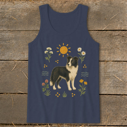 Navy blue tank top with border collie surrounded by flowers, sun, and water elements.