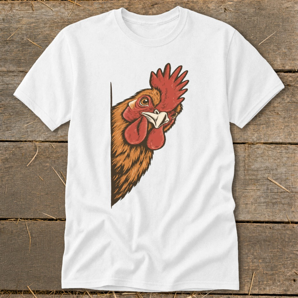 White t-shirt with a cartoon rooster peeking from behind a white border.