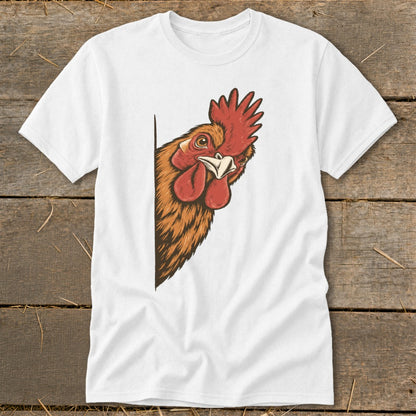 White t-shirt with a cartoon rooster peeking from behind a white border.