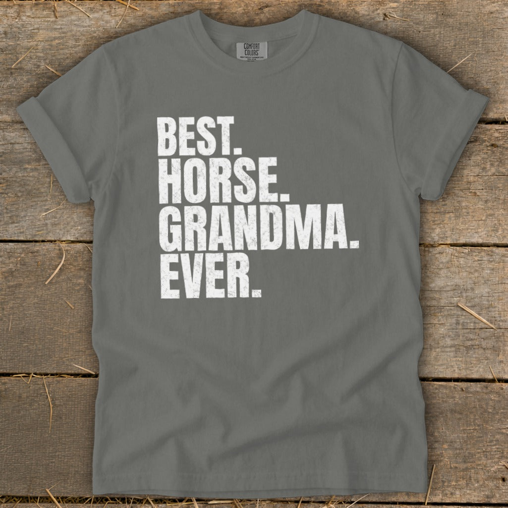 Gray t-shirt with "BEST. HORSE. GRANDMA. EVER." printed in white.