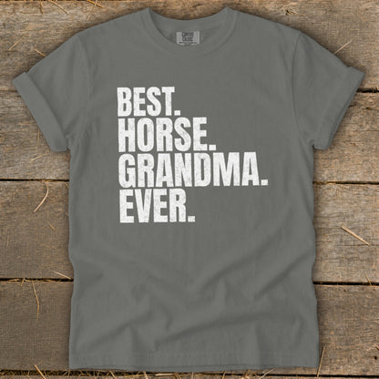 Gray t-shirt with "BEST. HORSE. GRANDMA. EVER." printed in white.