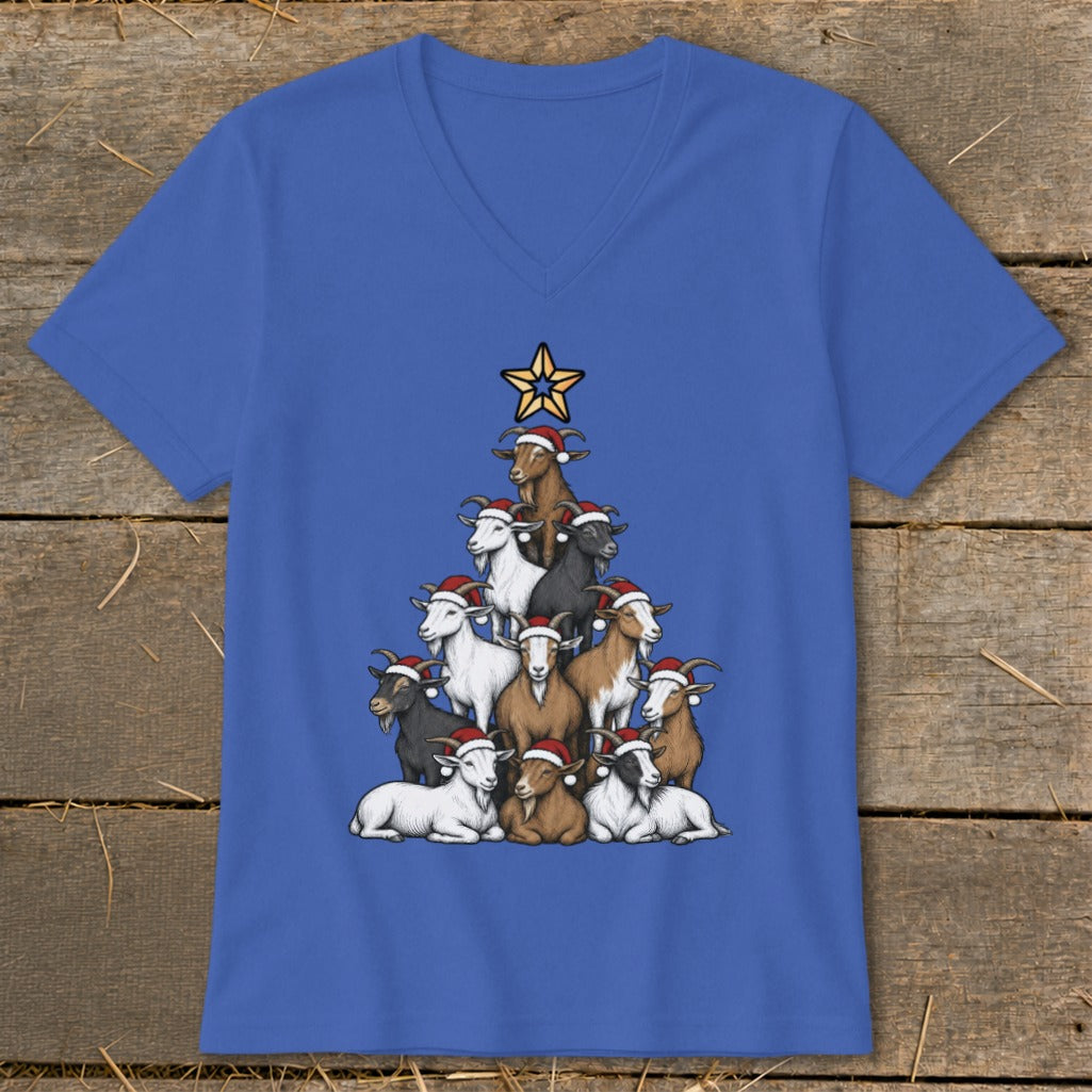 Blue t-shirt with a Christmas tree made of goats wearing Santa hats.