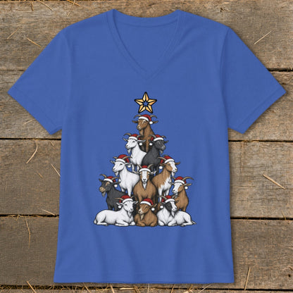 Blue t-shirt with a Christmas tree made of goats wearing Santa hats.
