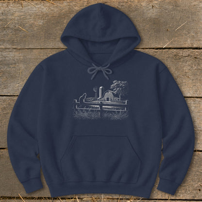 Navy hoodie with a white line drawing of a cat on a fence with a barn and windmill.