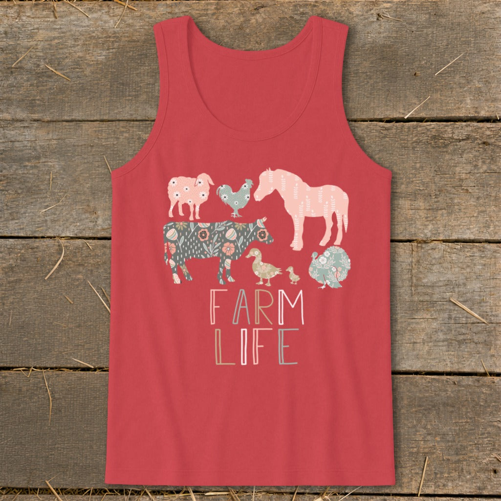 Coral tank top with farm animals and "FARM LIFE" text.