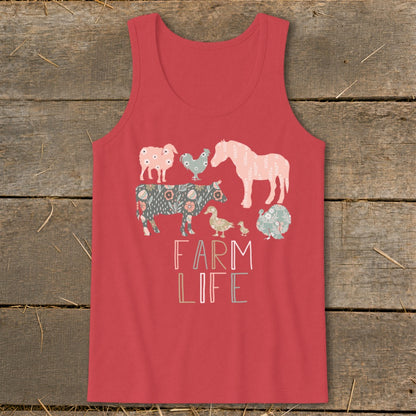 Coral tank top with farm animals and "FARM LIFE" text.