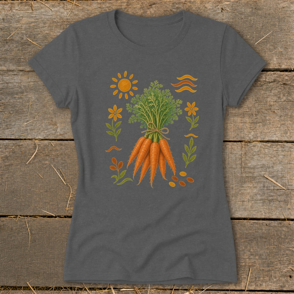 Dark grey t-shirt with a bunch of carrots and a whimsical garden motif.
